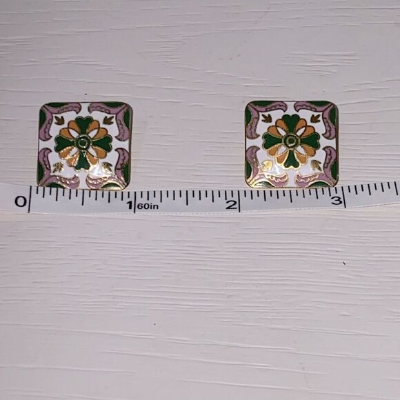Vintage Enamel Square Earrings In Green Pink Dark Yellow/Orange Enamel On Stud - Picture 4 of 7
